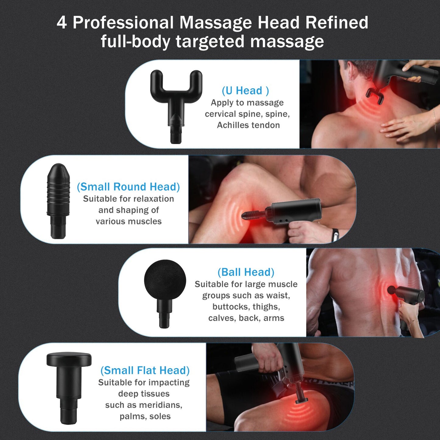 Portable Handheld Deep Tissue Massage Gun  Cordless USB Rechargeable with  Interchangeable Heads for Muscle Therapy